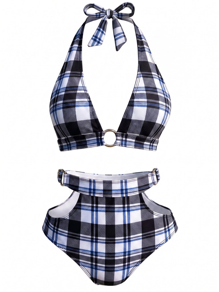 黑白拼色 1940s Plaid Cutout Swimsuit
