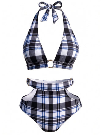 黑白拼色 1940s Plaid Cutout Swimsuit