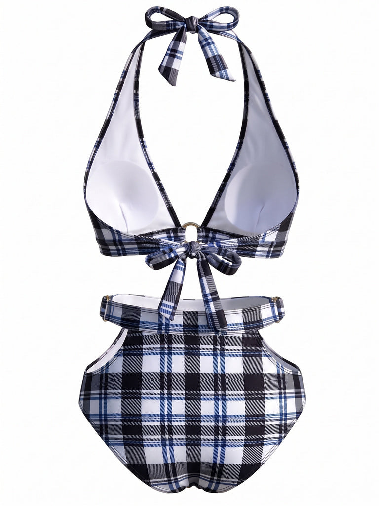 黑白拼色 1940s Plaid Cutout Swimsuit