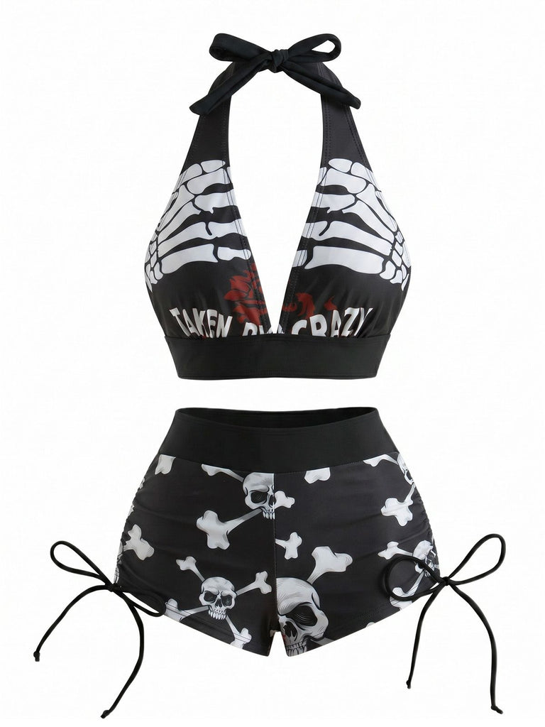 1980s Punk Halter Rock Skull Bikini Set, vintage swimsuit, pin-up swimwear - perfect for women who love vintage and retro fashion