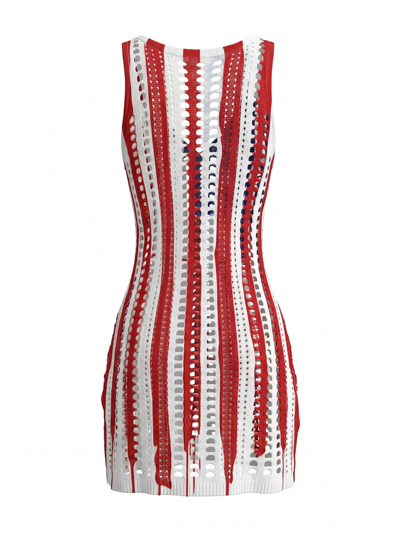 Red & Blue 1980s Flag Crochet Cutout Beach Cover Up Dress