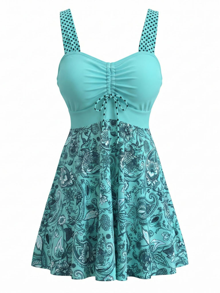 Turquoise 1980s Paisley Ruched Bust Polka Strap Swim Dress