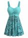 Turquoise 1980s Paisley Ruched Bust Polka Strap Swim Dress