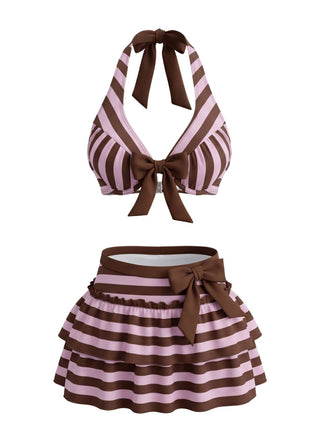 [Pre-Sale] Violet 1950s Striped Halter Bow Ruffle Bikini Set