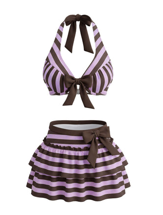 Violet 1950s Striped Halter Bow Ruffle Bikini Set