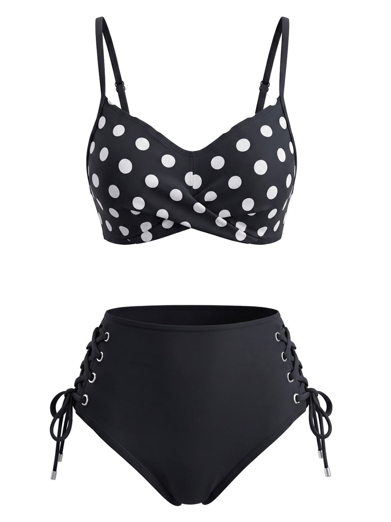 Black 1950s Polka Dot Tie Waist High Waist Tankini Set