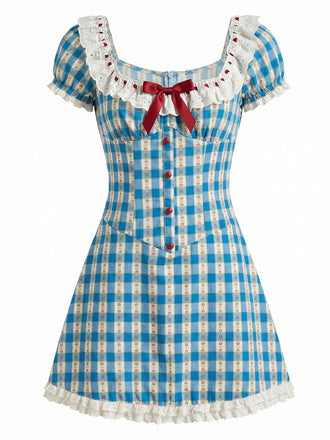 [Pre-Sale] Blue 1960s Cotton Embroidered Lace Bow Plaid Dress