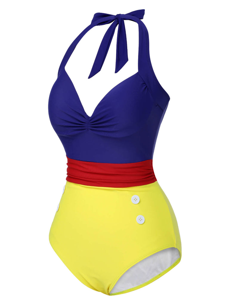 1950s Color Block Lace-Up Halter Swimsuit