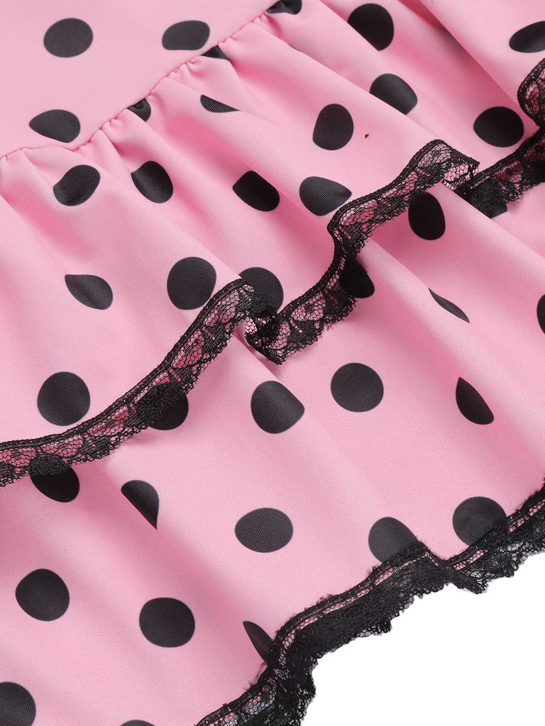 Pink 1940s Halter Polka Dots Bow One-Piece Swimsuit