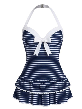 [Pre-Sale] Blue 1940s Halter Stripe Bow One-Piece Swimsuit