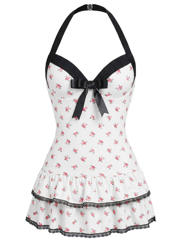 Red 1940s Polka Dots Halter One-Piece Swimsuit