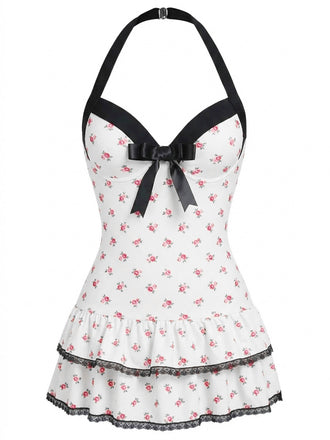 White 1940s Halter Floral Bow One-Piece Swimsuit