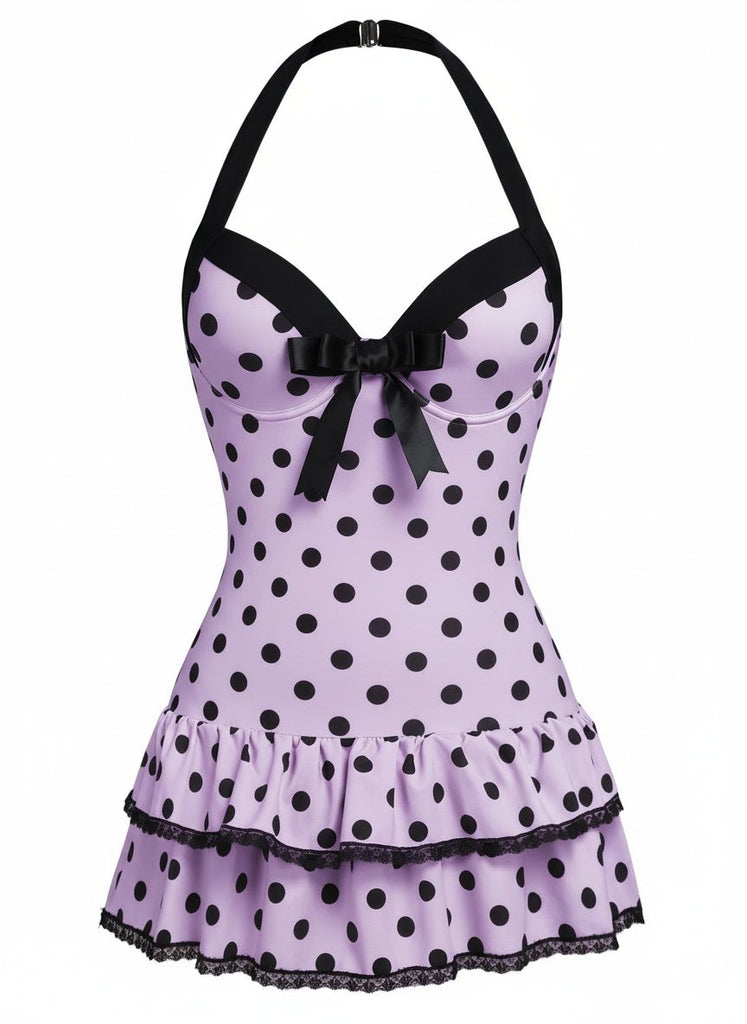 Brown 1940s Halter Polka Dots Bow Swimsuit