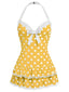 Yellow 1940s Halter Polka Dots Bow Swimsuit