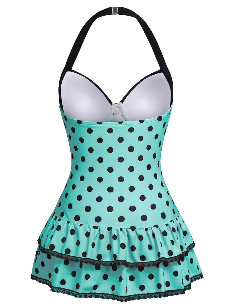 Yellow 1940s Halter Polka Dots Bow Swimsuit