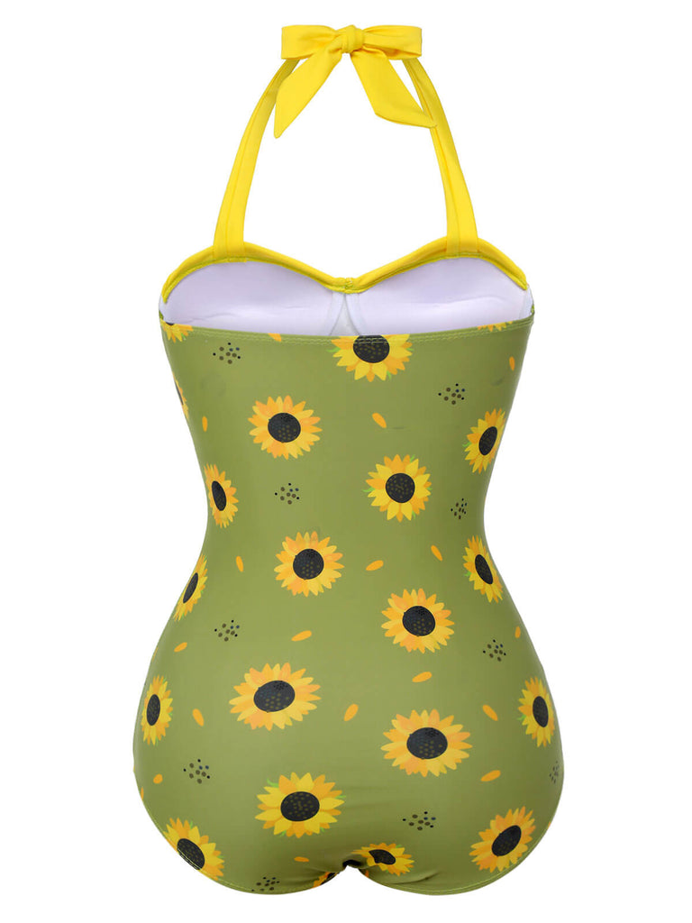 Green 1930s Sunflowers Halter Swimsuit