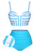 Light Blue and White Striped High Waisted Bikini Set
