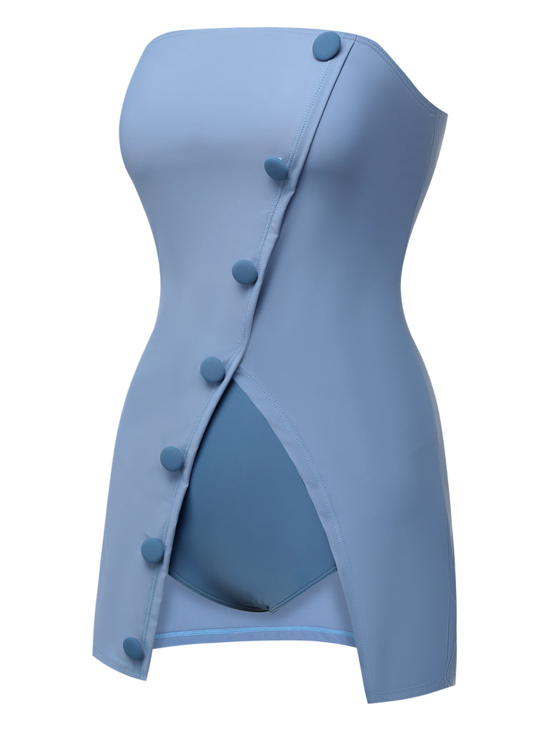 Blue 1930s Solid Buttoned Bandeau Swimsuit