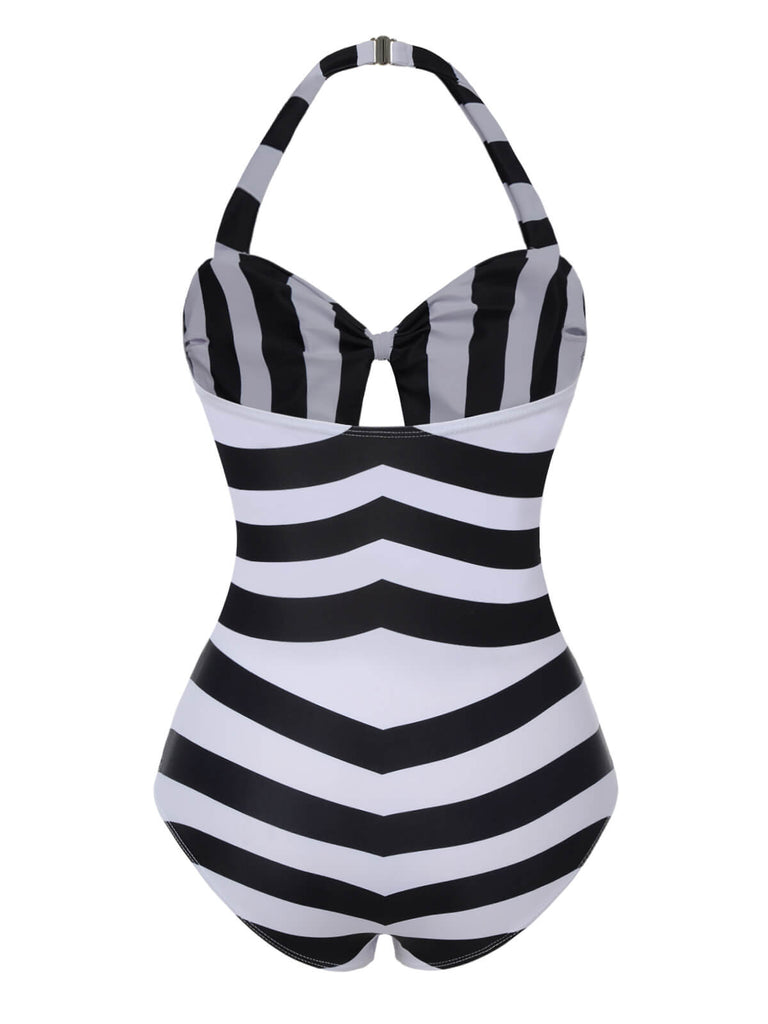 Black & White 1950s Barbie Stripes Halter Swimsuit