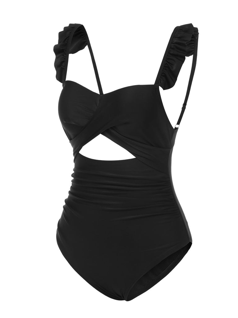 [Pre-Sale] Black 1950s Solid Ruffled Strap Swimsuit