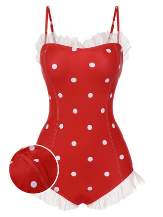 Red 1950s Mesh Polka Dot Swimsuit