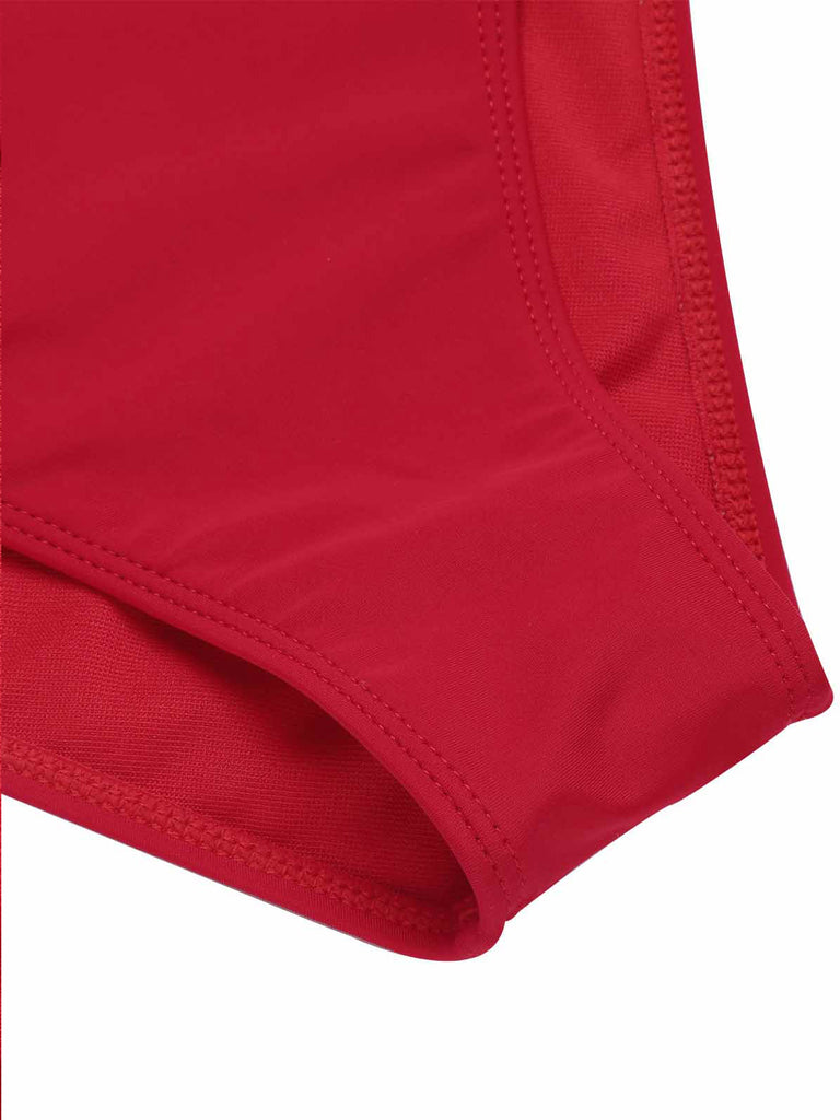 [Pre-Sale] Red 1950s Solid Deep V-Neck Belt Swimsuit