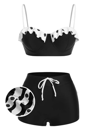 [US Warehouse] Black White 1950s Dots Layered Strap Swimsuit