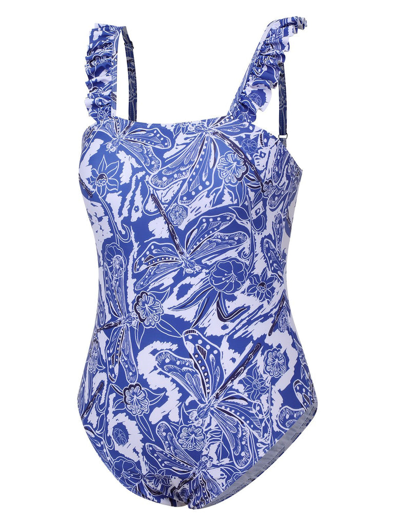 [Plus Size] 1960s Blue-and-white Porcelain Swimsuit & Cover-up