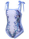 [Plus Size] 2PCS Multicolor 1960s Shoulder Straps Plant Swimsuit & Cover Up