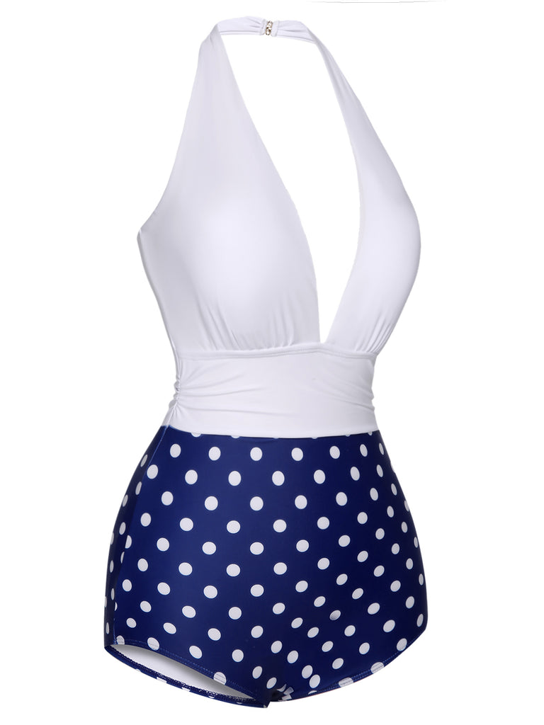 Blue & White 1950s Polka Dots Halter Swimsuit