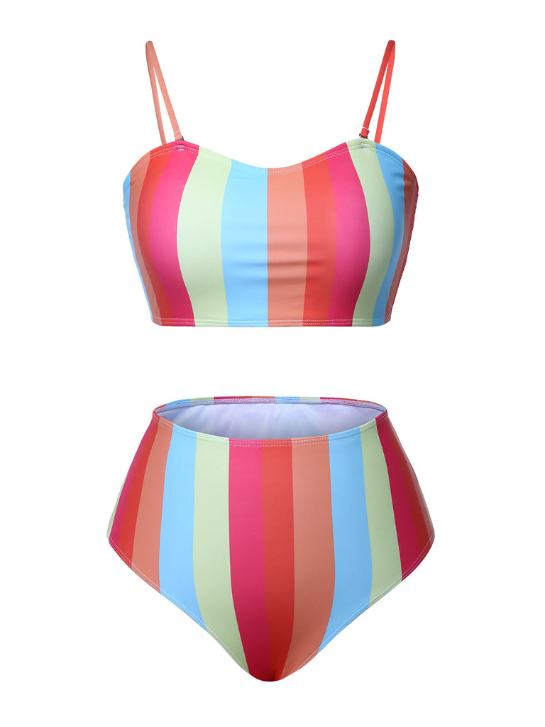 [Plus Size] Colorful 1950s Vertical Stripe Swimsuit