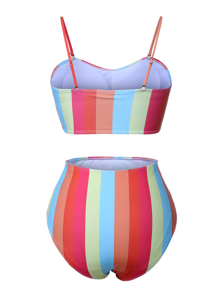 [Plus Size] Colorful 1950s Vertical Stripe Swimsuit