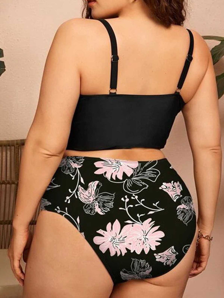 [Plus Size] 1950s Spaghetti Strap Floral Swimsuit