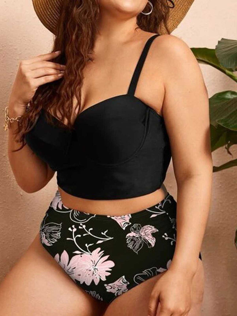 [Plus Size] 1950s Spaghetti Strap Floral Swimsuit