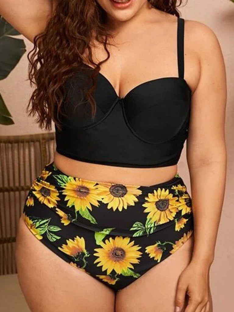 [Plus Size] 1950s Spaghetti Strap Floral Swimsuit