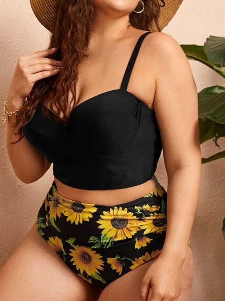 [Plus Size] 1950s Spaghetti Strap Floral Swimsuit