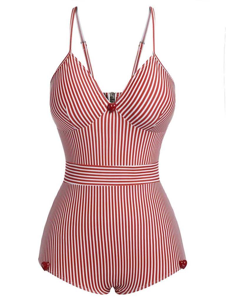Red 1940s Spaghetti Strap Stripes One-Piece Swimsuit