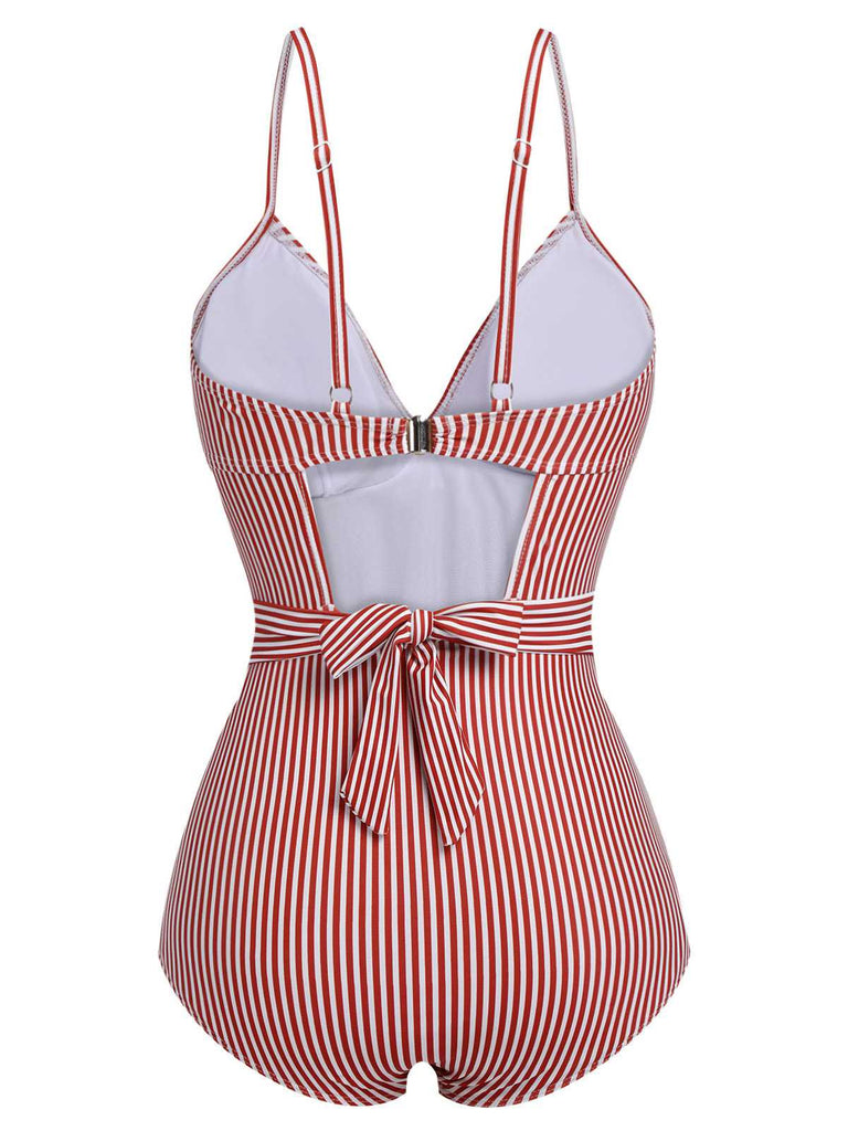 Red 1940s Spaghetti Strap Stripes One-Piece Swimsuit