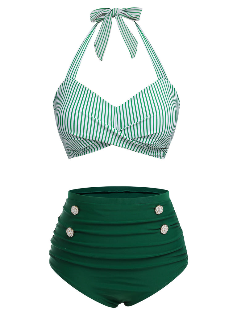 2PCS Green 1940s Stripes Swimsuit & Sunflower Cover-Up