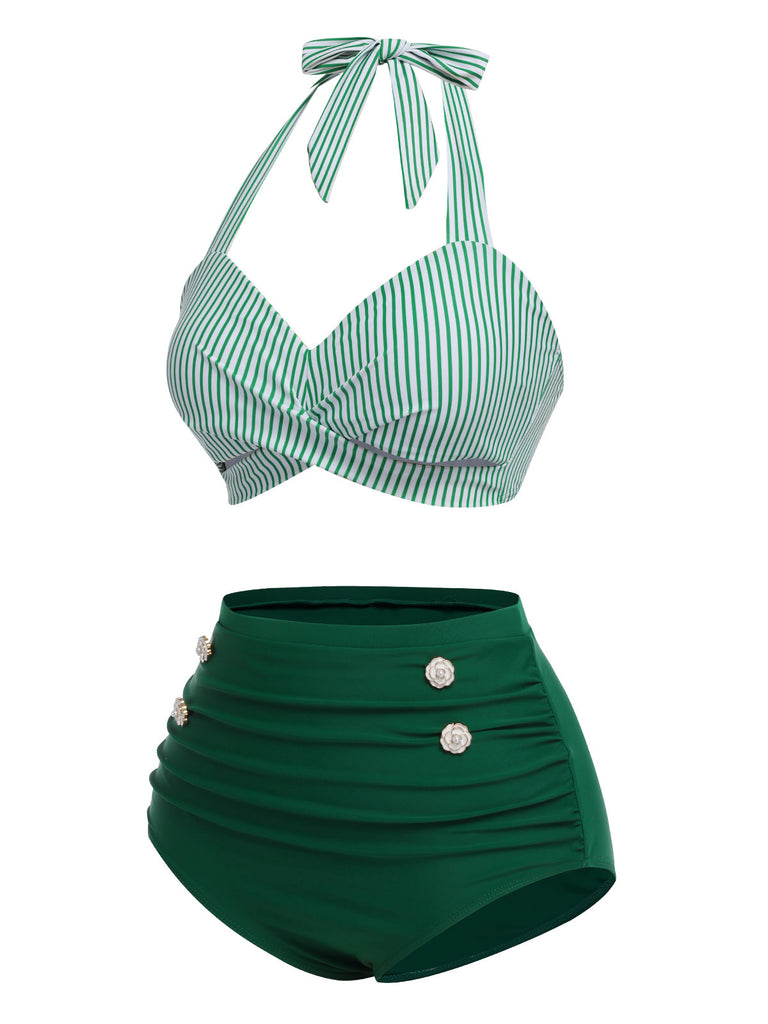 [Pre-Sale] [Plus Size] Green 1940s Striped Halter Swimsuit