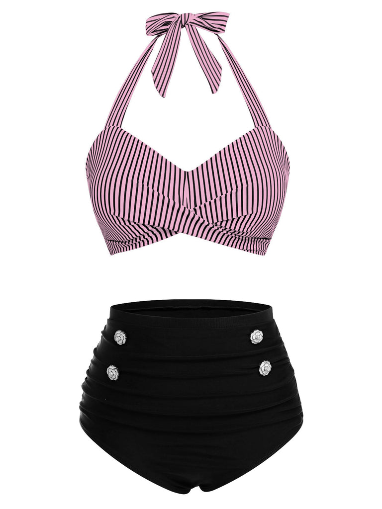 [Pre-Sale] Pink & Black 1940s Striped Halter Swimsuit Set