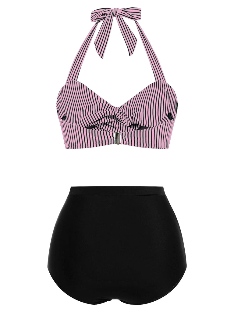 [Pre-Sale] Pink & Black 1940s Striped Halter Swimsuit Set