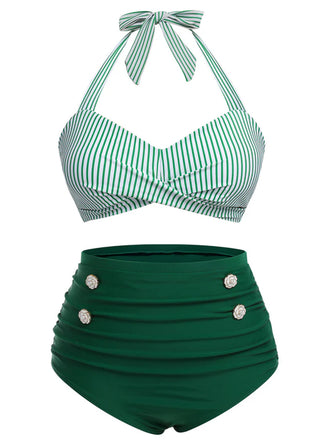 [US Warehouse] [Plus Size] Green 1940s Striped Halter Swimsuit