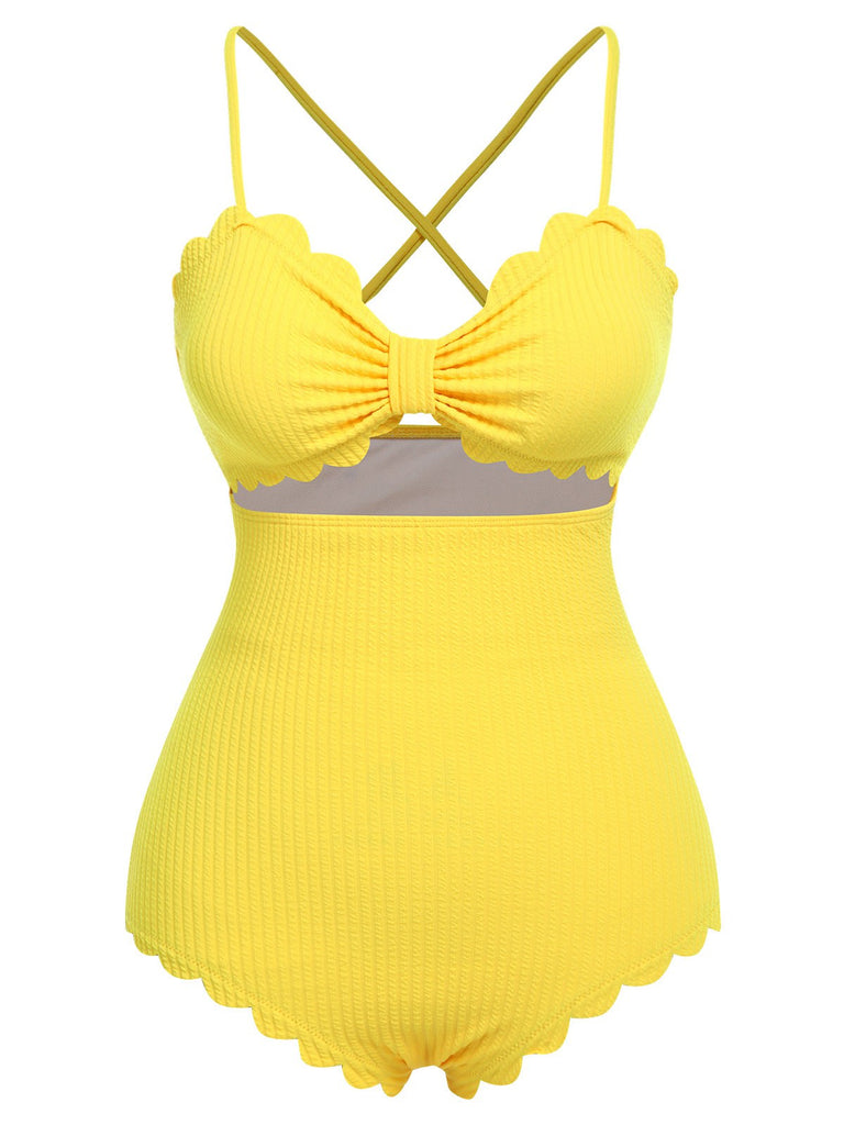 Yellow 1950s Spaghetti Strap One-Piece Swimsuit