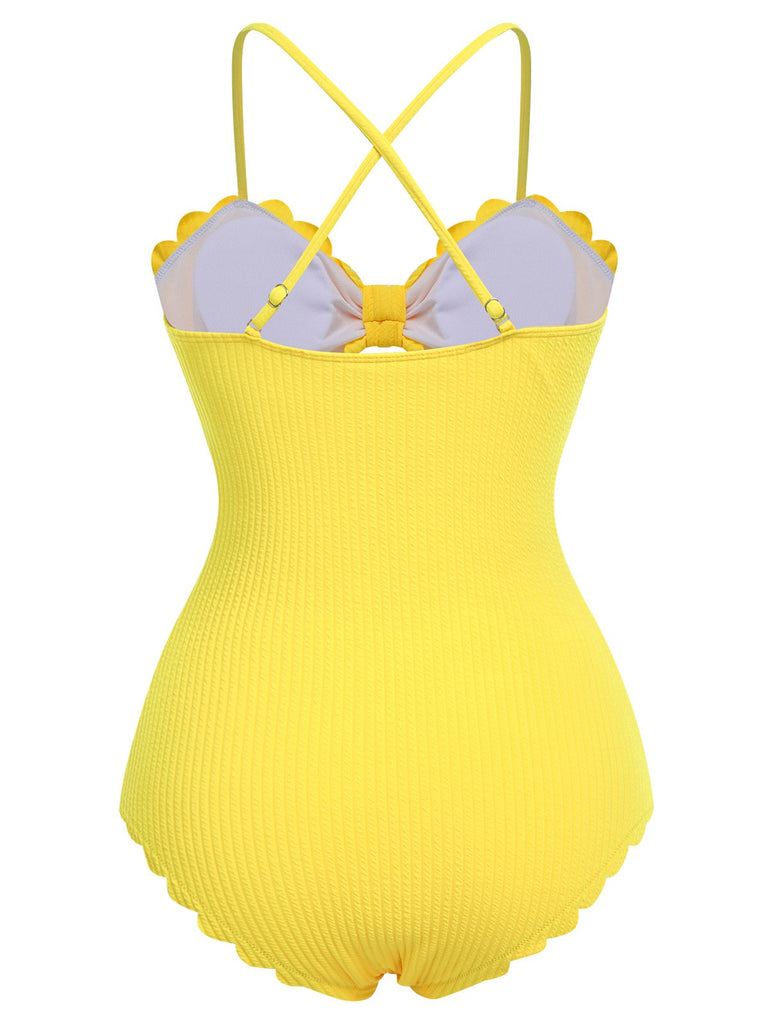 Yellow 1950s Spaghetti Strap One-Piece Swimsuit