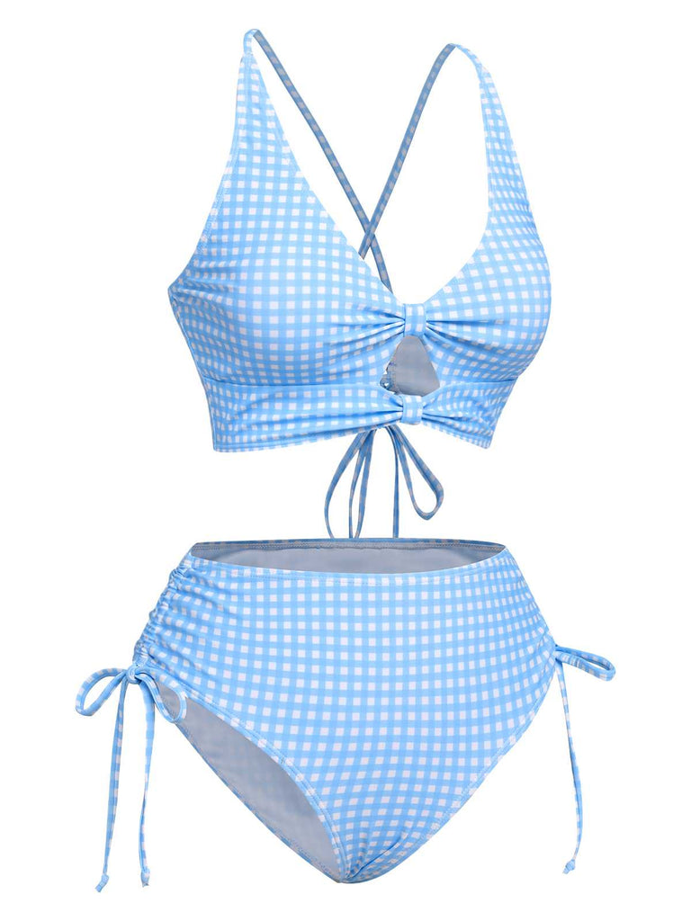 Blue 1950s Spaghetti Strap Plaids Swimsuit