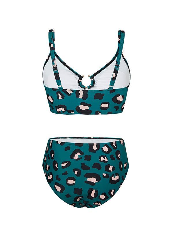 [Plus Size] Blue Green 1960s Leopard Suspender Swimsuit