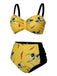 [Plus Size] Yellow 1930s Contrast Floral Strap Swimsuit