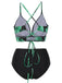 [Plus Size] 1930s Green Leaves V-Neck Strap Bikini Set