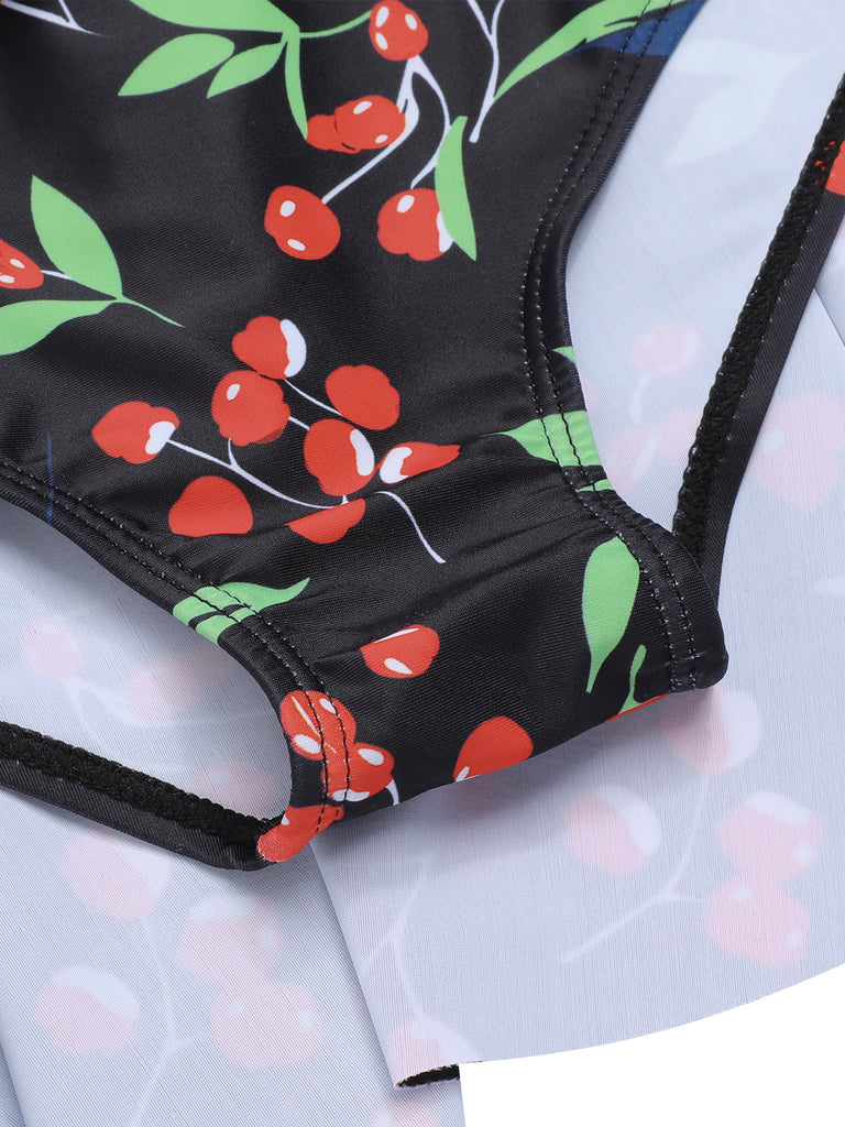 Black 1950s Cherry Bow V-Neck Swimsuit